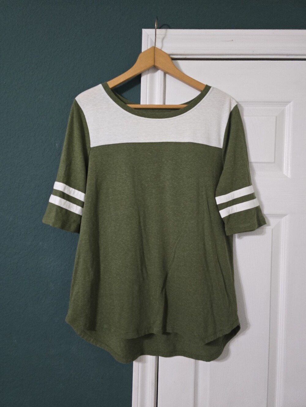 Olive Green White Colorblock Varsity Stripe Shirt Top Size L Indie Skater Sporty